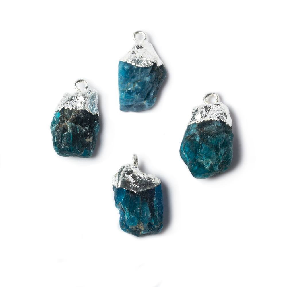 15x9mm to 17x10mm Silver Leafed Neon Blue Apatite Natural Crystal Pendant Set of 4 - Beadsofcambay.com