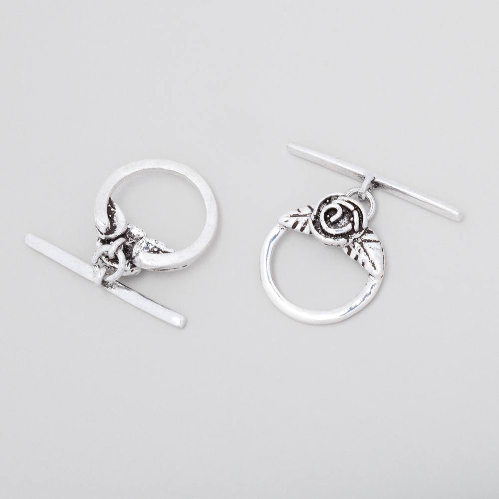 16.5mm Antiqued Sterling Silver Round Toggle Rose Design 1 piece - Beadsofcambay.com