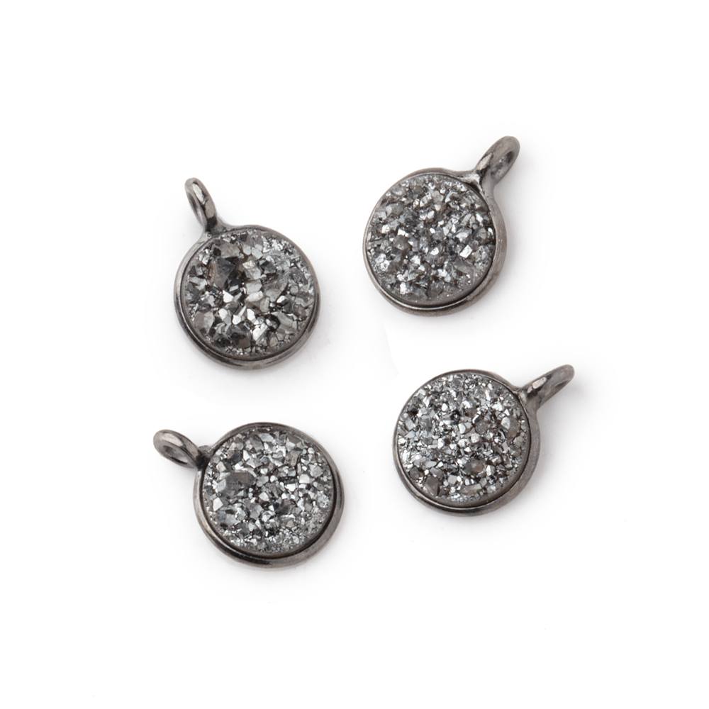 8mm Black Gold .925 Bezel Platinum Grey Drusy Coin Pendant Set of 4 Pieces - BeadsofCambay.com