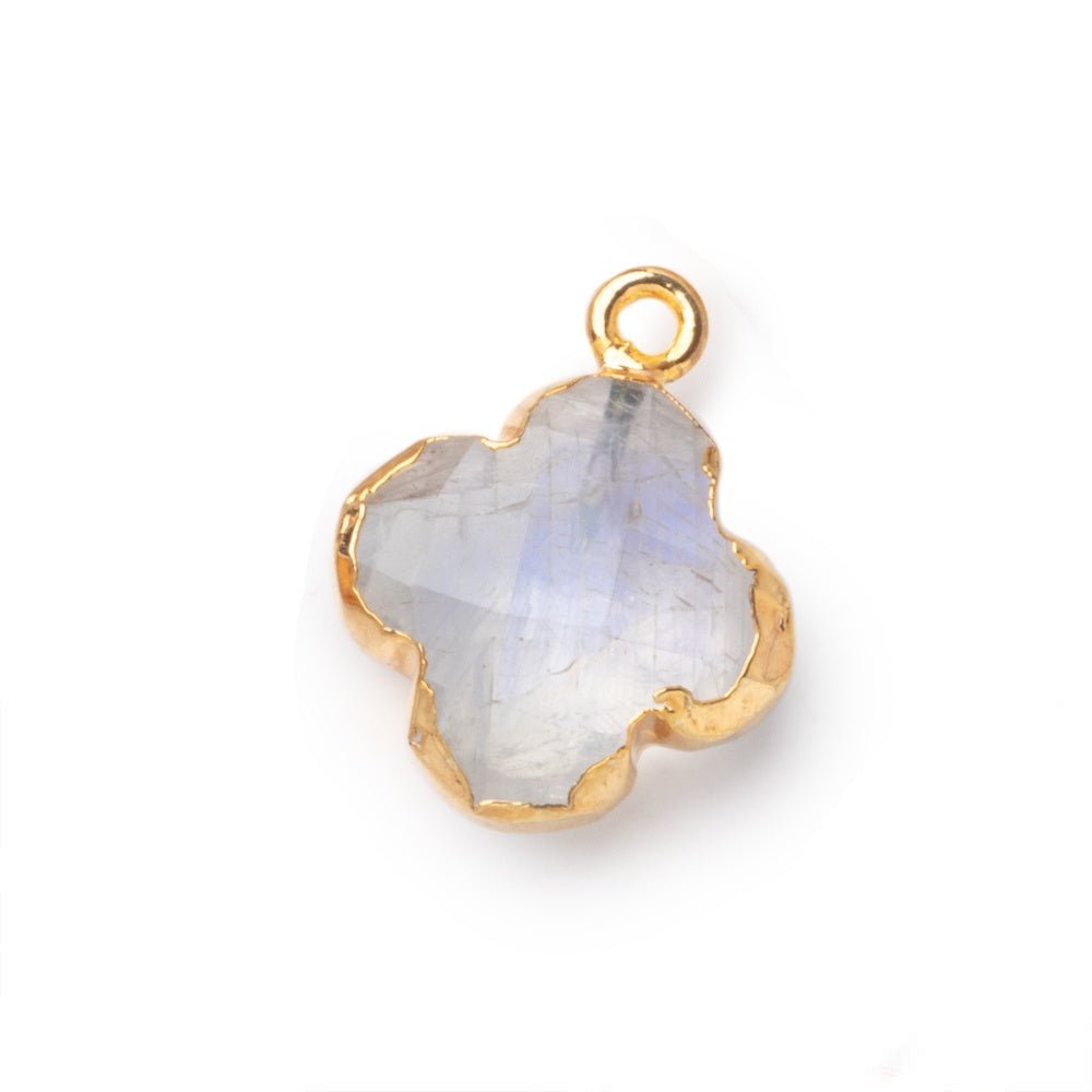 BeadsofCambay 16mm Gold Leafed Rainbow Moonstone Quatrefoil Pendant 1 focal piece