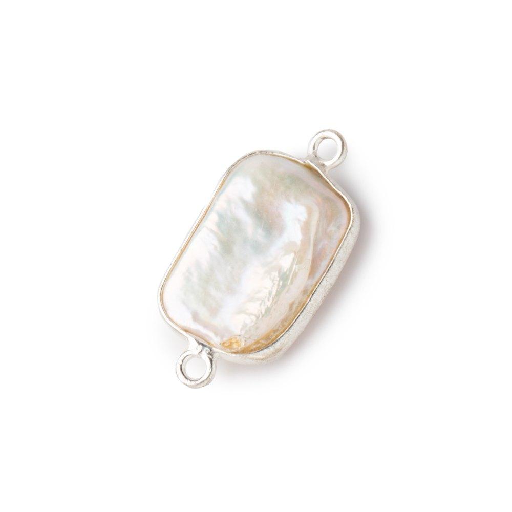 16x12mm Sterling Silver Bezel Off White Rectangle Pearl Connector 1 piece - Beadsofcambay.com