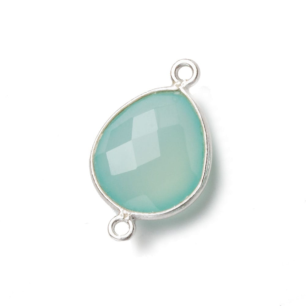 16x14mm Silver .925 Bezel Sea Chalcedony faceted pear Connector 1 piece - Beadsofcambay.com