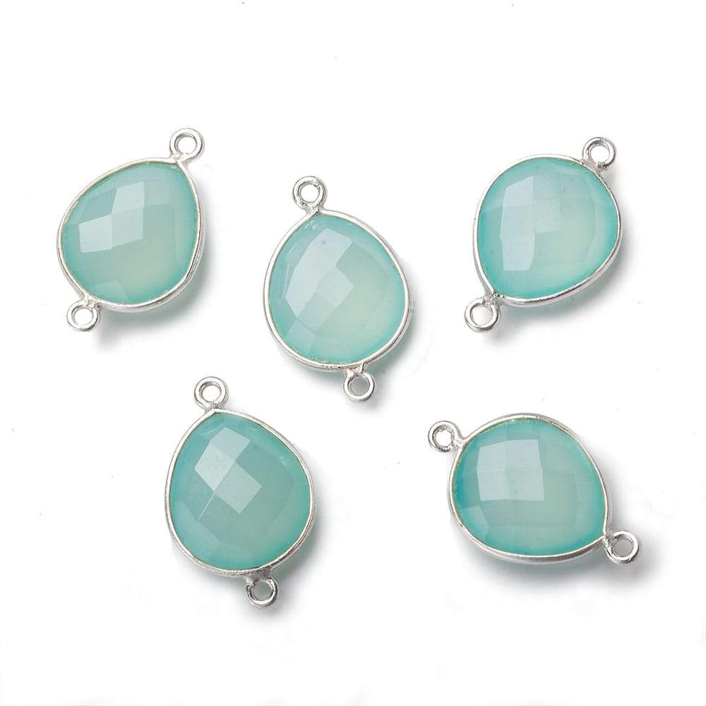 16x14mm Silver .925 Bezel Sea Chalcedony faceted pear Connector 1 piece - Beadsofcambay.com
