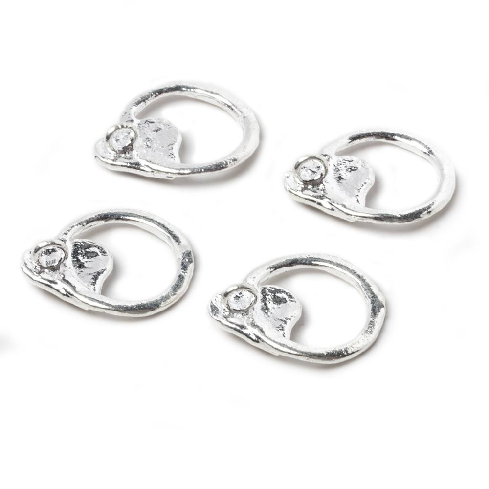 16x14mm Silver plated Charm Hammered Circle with Heart 4 pcs - Beadsofcambay.com