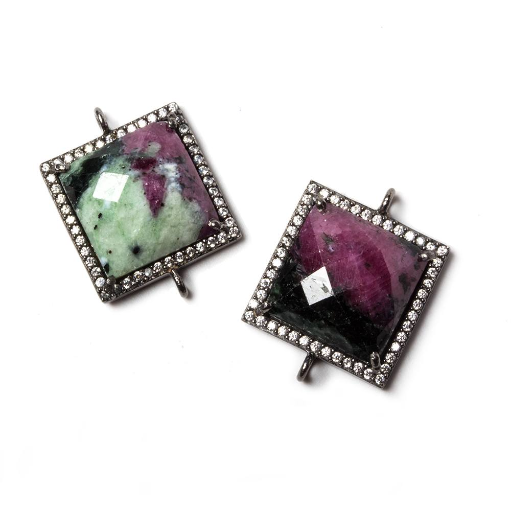 16x16mm Black Gold Bezel White CZ & Ruby in Zoisite Square Connector 1 pc - Beadsofcambay.com