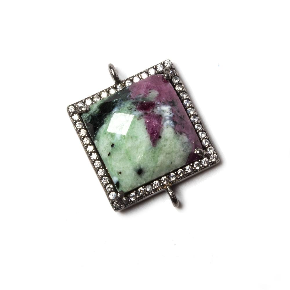 16x16mm Black Gold Bezel White CZ & Ruby in Zoisite Square Connector 1 pc - Beadsofcambay.com