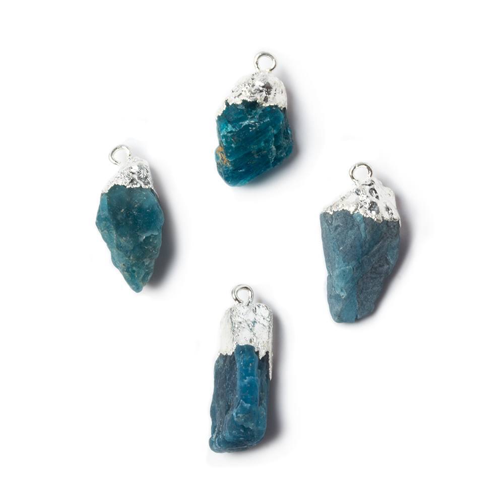 16x9mm to 20x7mm Silver Leafed Neon Blue Apatite Natural Crystal Pendant Set of 4 - Beadsofcambay.com