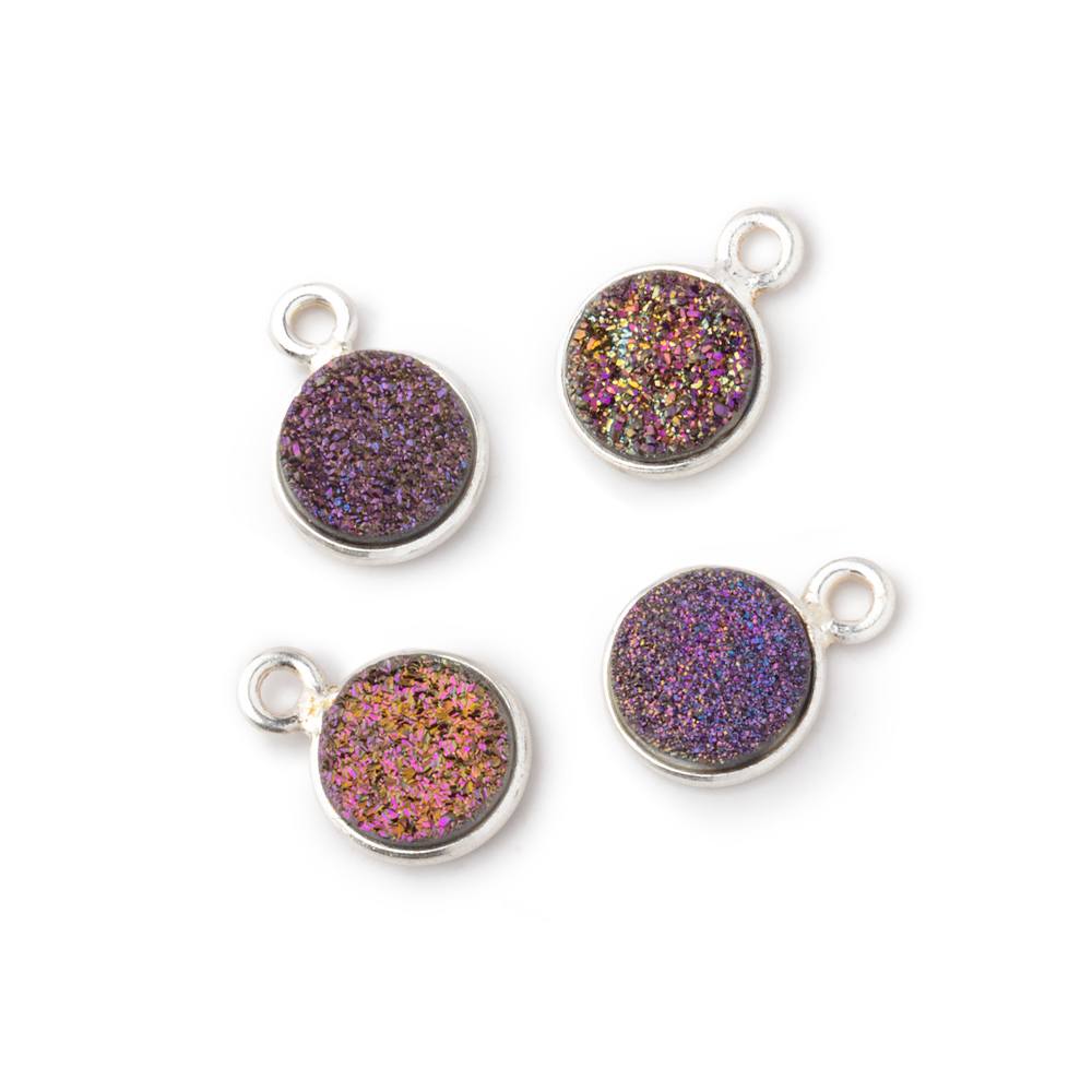 8mm Silver .925 Bezel Mystic Peacock Drusy Coin Pendant Set of 4 Pieces - BeadsofCambay.com