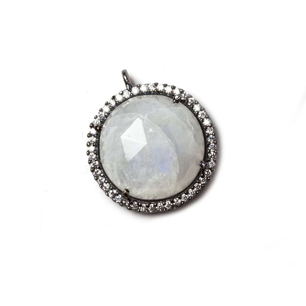 17mm Black Gold Bezel White CZ & Rainbow Moonstone Coin Pendant 1 pc - Beadsofcambay.com