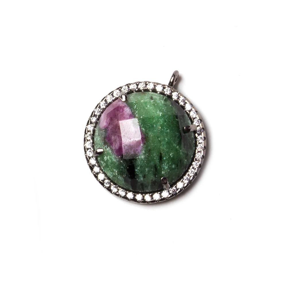 17mm Black Gold Bezel White CZ & Ruby in Zoisite Coin Pendant 1 pc - Beadsofcambay.com