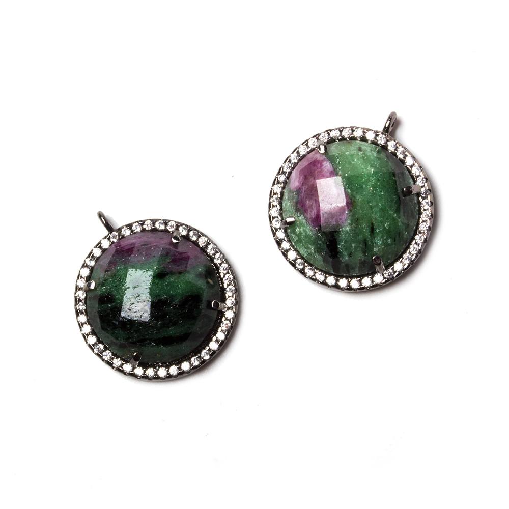 17mm Black Gold Bezel White CZ & Ruby in Zoisite Coin Pendant 1 pc - Beadsofcambay.com