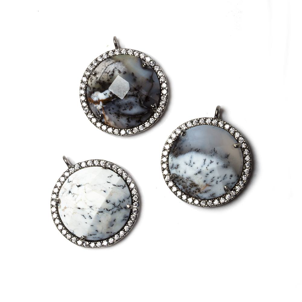 17mm Black Gold Bezeled White CZ & Dendritic Opal Coin Pendant 1 pc - Beadsofcambay.com