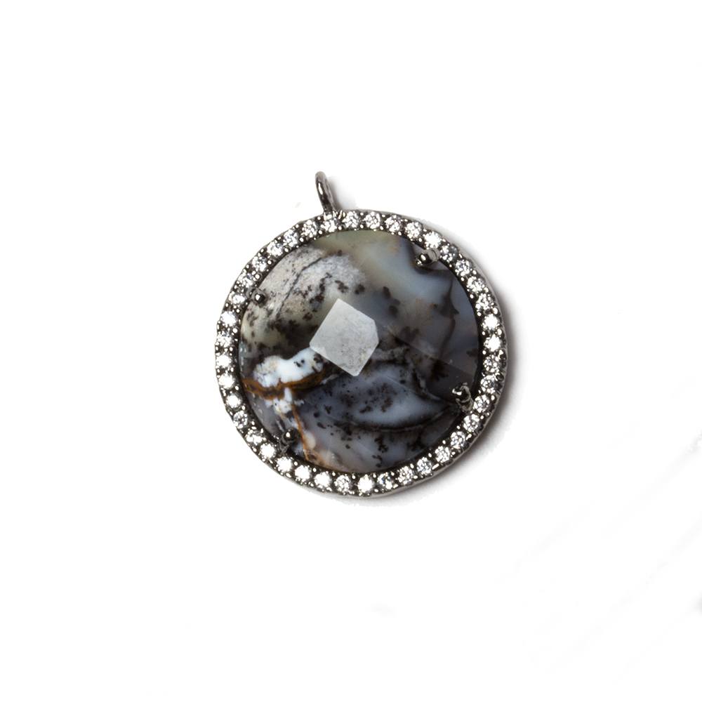 17mm Black Gold Bezeled White CZ & Dendritic Opal Coin Pendant 1 pc - Beadsofcambay.com