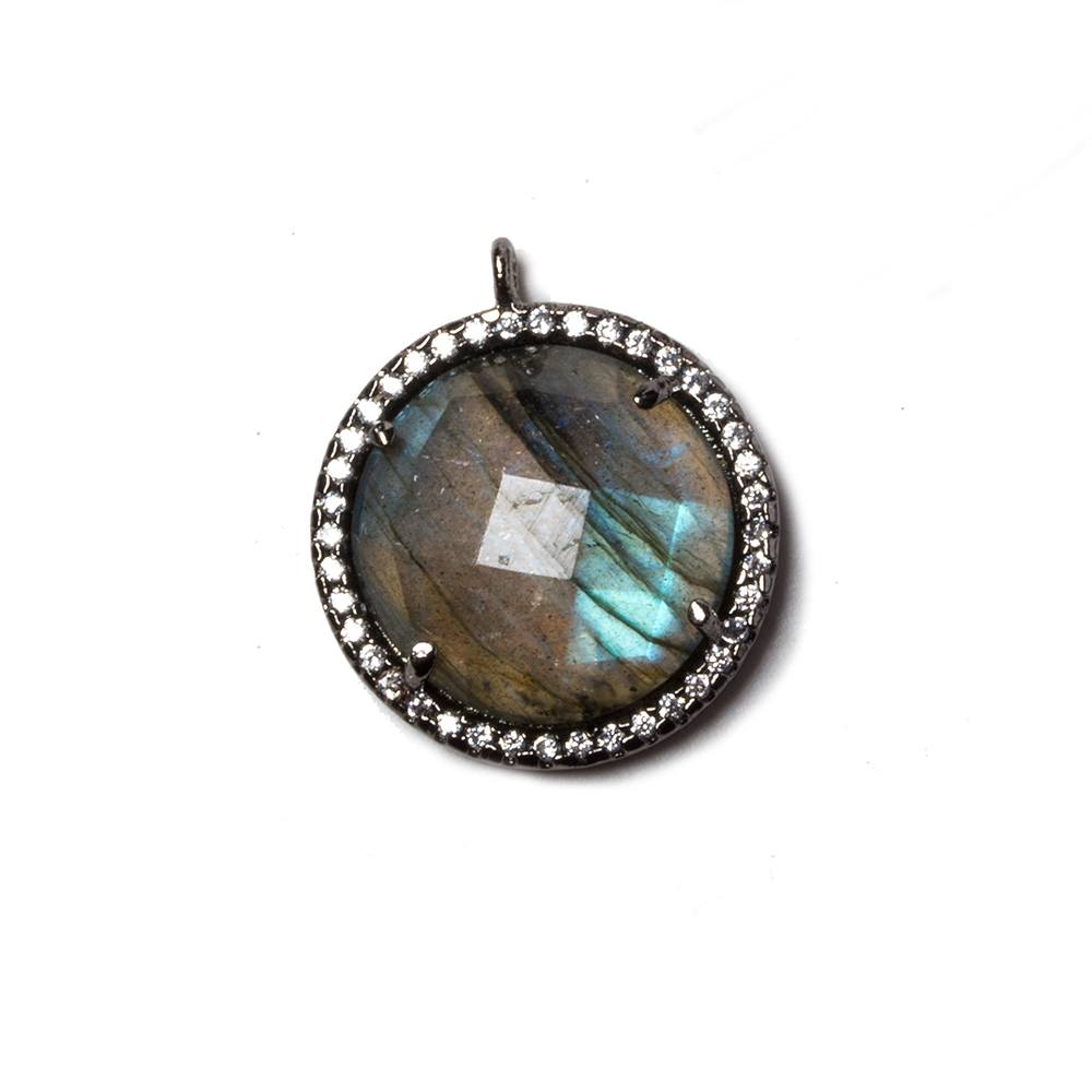 17mm Black Gold Bezeled White CZ & Labradorite Coin Pendant 1 pc - Beadsofcambay.com