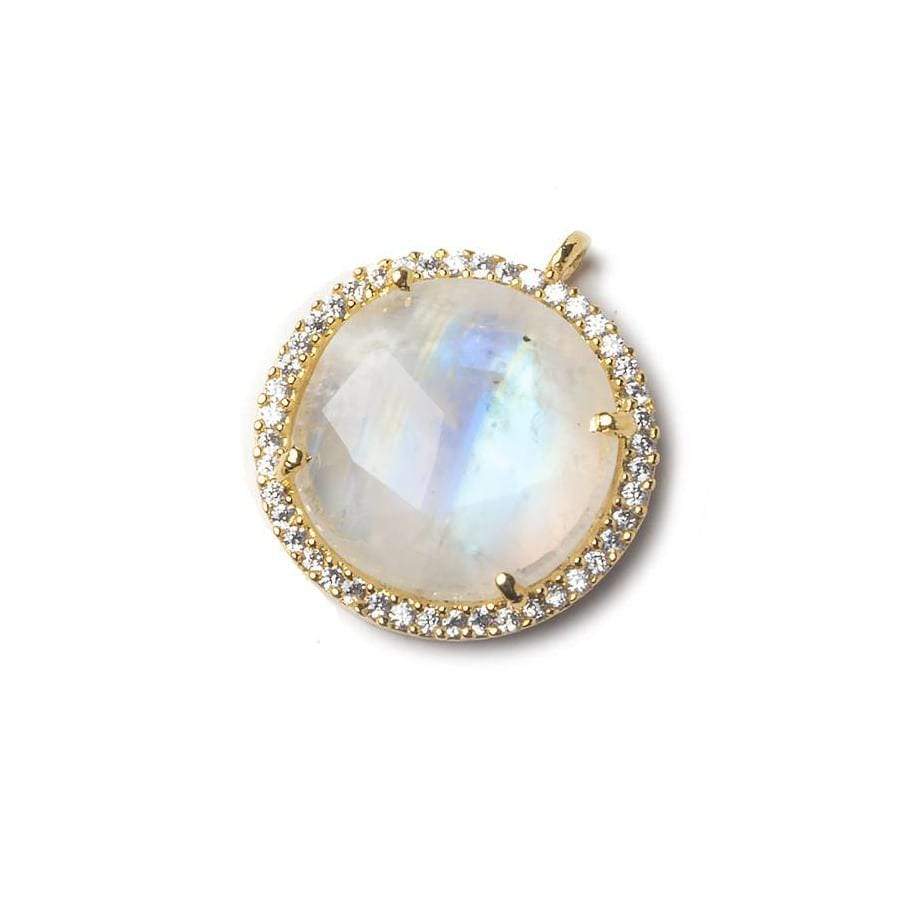 17mm Gold Bezel CZ and Rainbow Moonstone Coin Pendant 1 focal bead - Beadsofcambay.com