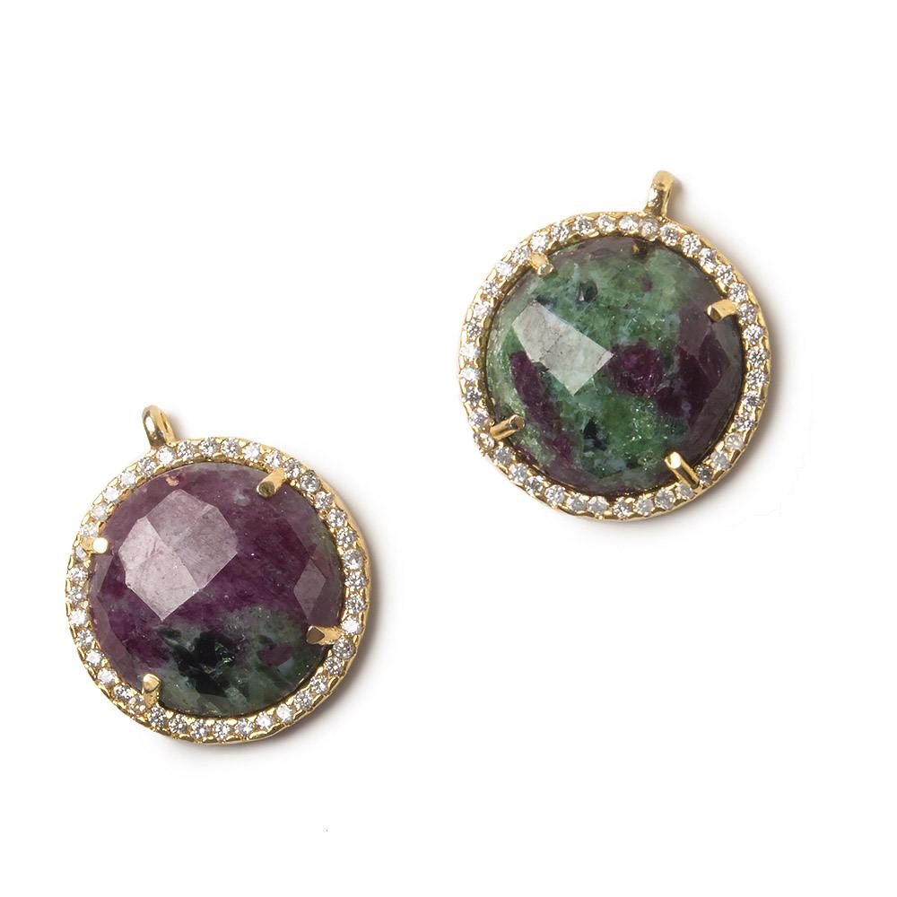 17mm Gold Bezel White CZ and Ruby in Zoisite Coin Pendant 1 focal bead - Beadsofcambay.com