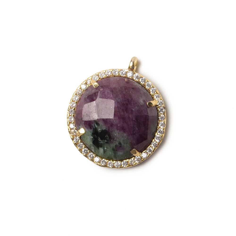 17mm Gold Bezel White CZ and Ruby in Zoisite Coin Pendant 1 focal bead - Beadsofcambay.com