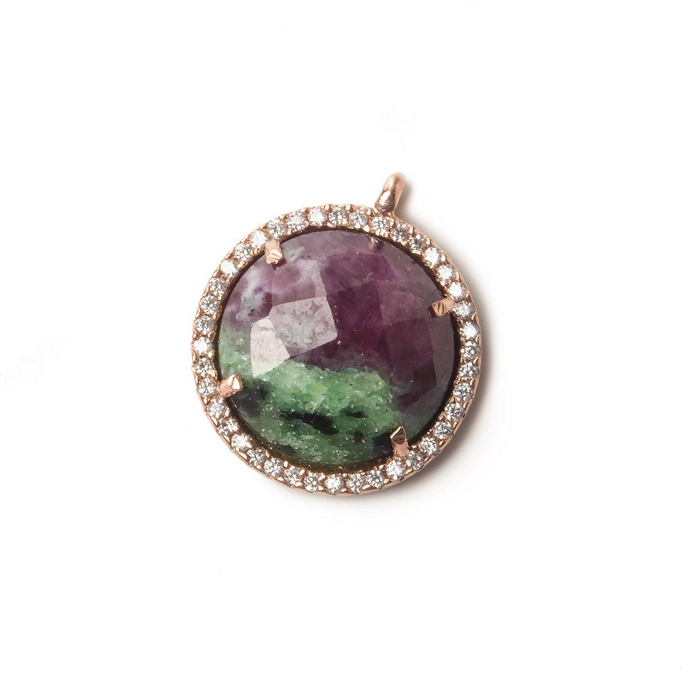 17mm Rose Gold Bezel White CZ and Ruby in Zoisite Coin Pendant 1 focal bead - Beadsofcambay.com