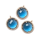 17mm Rose Gold CZ Bezel & London Blue Quartz faceted coin Pendant 1 piece - Beadsofcambay.com