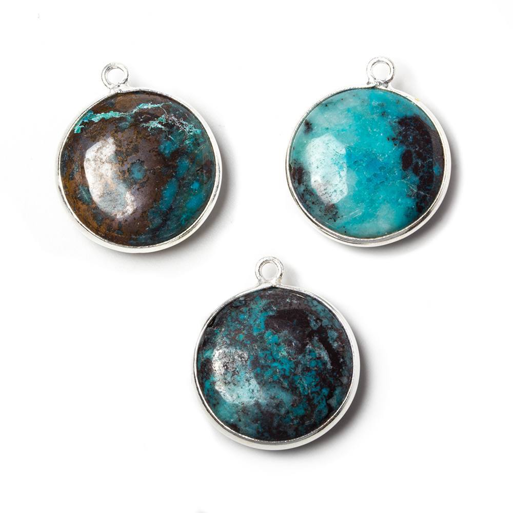 17mm Silver Bezeled Chrysocolla plain coin Pendant 1 piece - Beadsofcambay.com