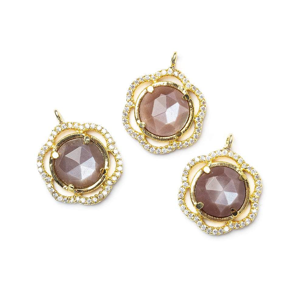 17mm Vermeil Bezel CZ & Chocolate Moonstone Floral Coin Pendant 1 focal beads - Beadsofcambay.com