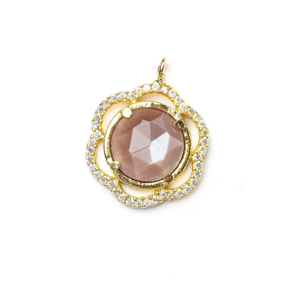 17mm Vermeil Bezel CZ & Chocolate Moonstone Floral Coin Pendant 1 focal beads - Beadsofcambay.com