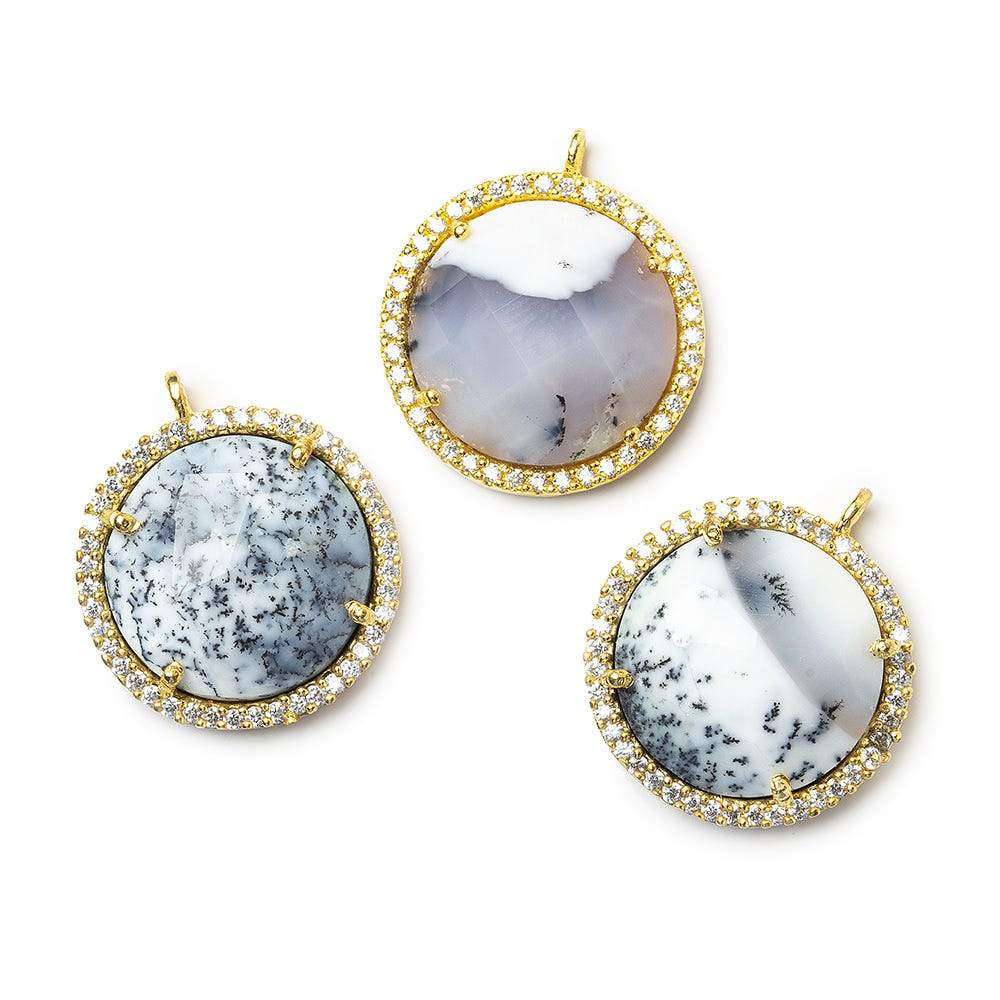 17mm Vermeil CZ Bezel & Dendritic Opal faceted coin Pendant 1 piece - Beadsofcambay.com