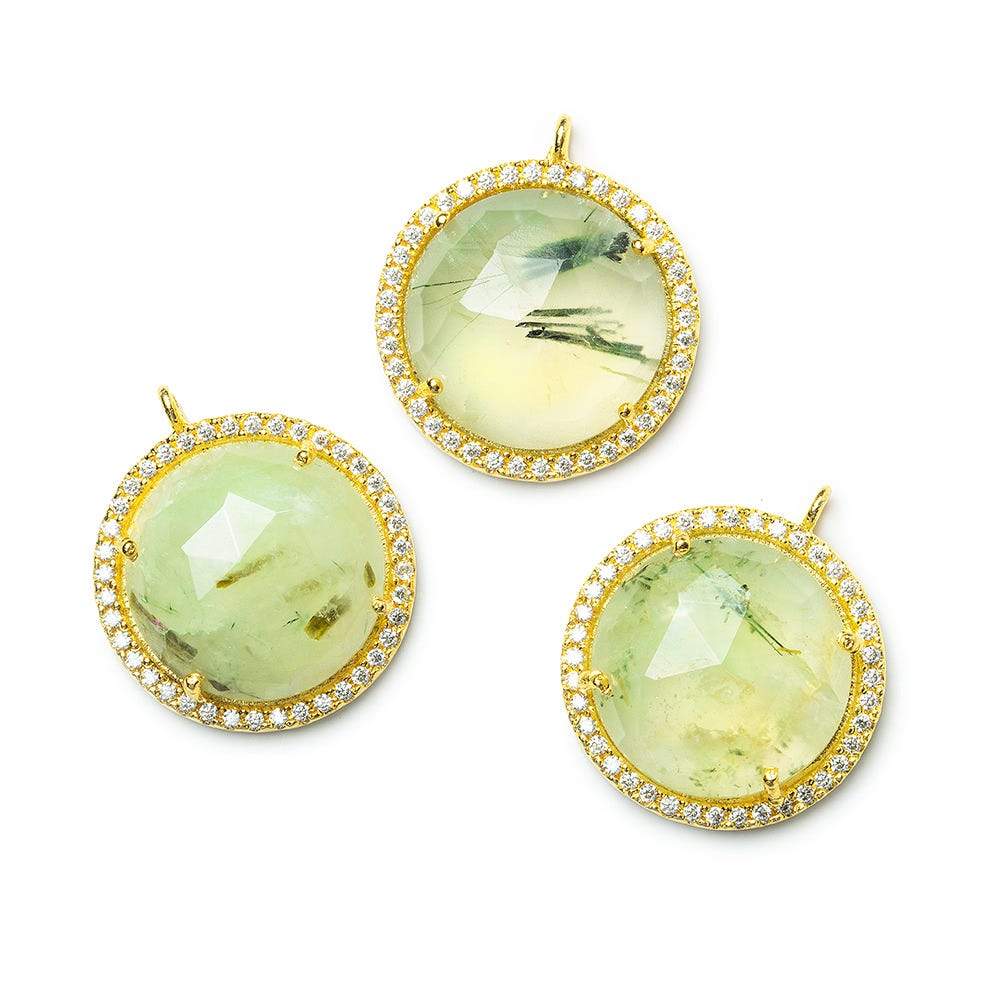 17mm Vermeil CZ Bezel & Prehnite faceted coin Pendant 1 piece - Beadsofcambay.com