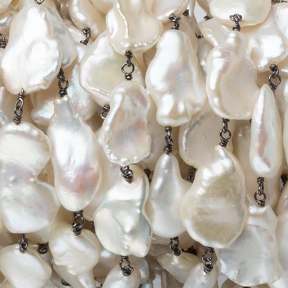 17x12-19x14mm Off White Keshi Pearl Black Gold .925 Silver Chain by the foot 12 pcs - Beadsofcambay.com