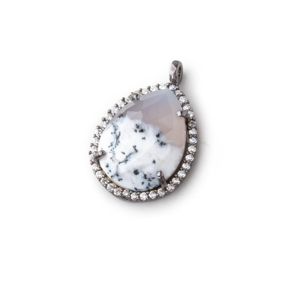 17x13mm Black Gold Bezeled White CZ and Dendritic Opal Pear Pendant 1 piece - Beadsofcambay.com