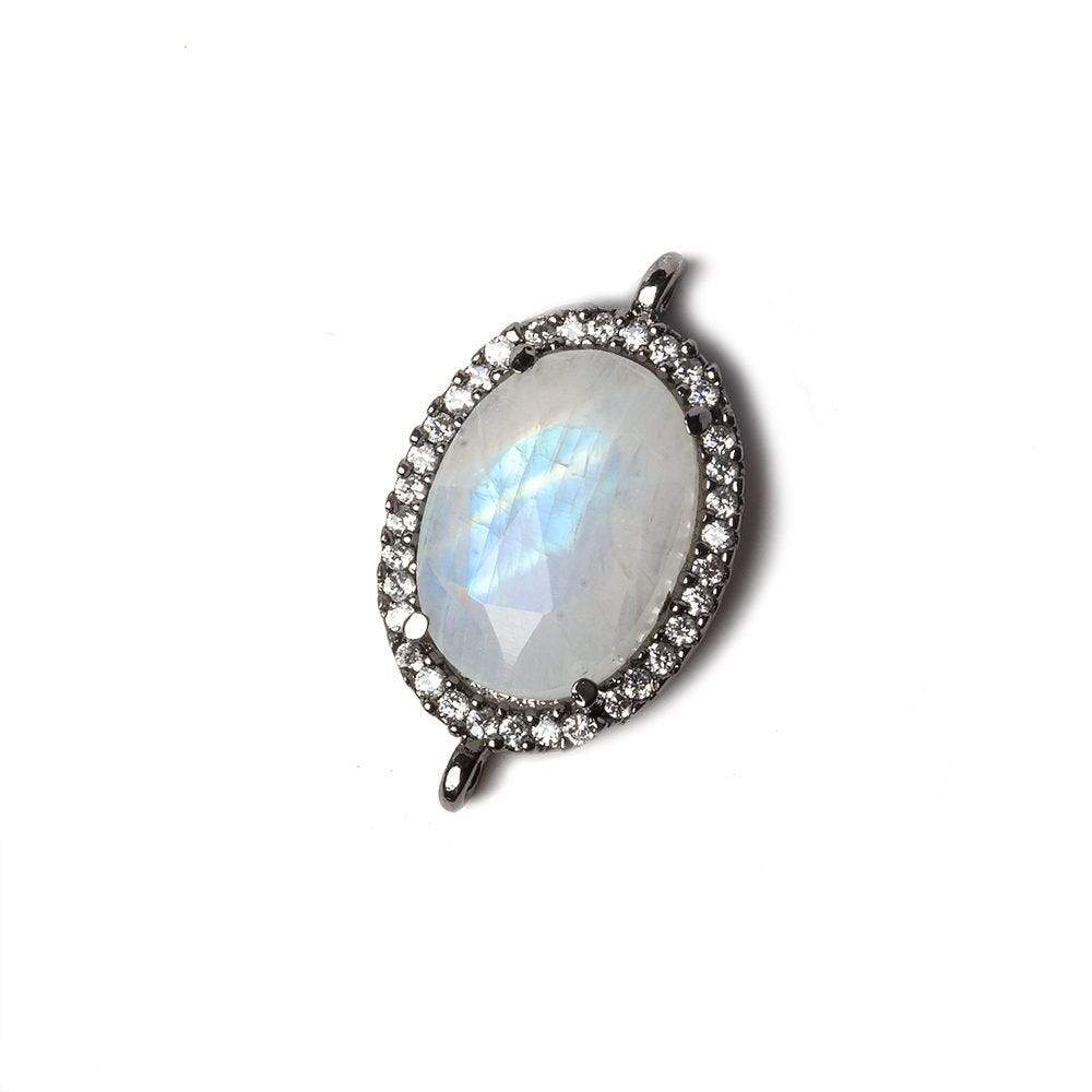 17x13mm Black Gold Bezeled White CZ and Rainbow Moonstone Oval Connector 1 piece - Beadsofcambay.com