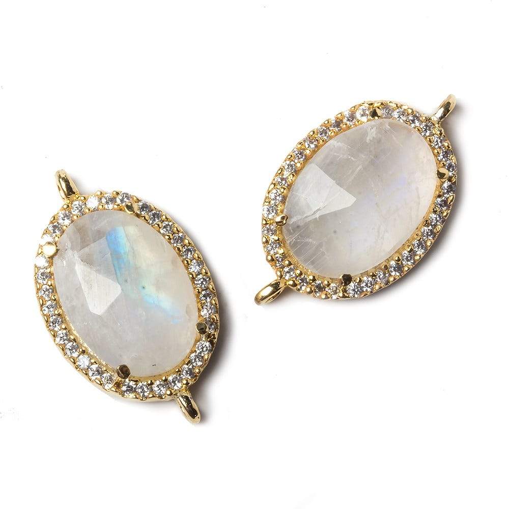 17x13mm Gold Bezeled White CZ and Rainbow Moonstone Oval Connector 1 piece - Beadsofcambay.com