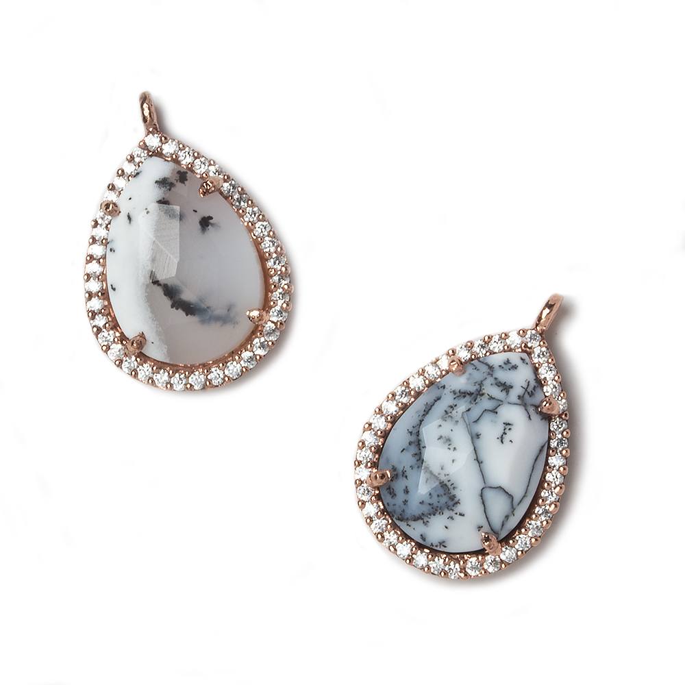 17x13mm Rose Gold Bezeled White CZ and Dendritic Opal Pear Pendant 1 piece - Beadsofcambay.com