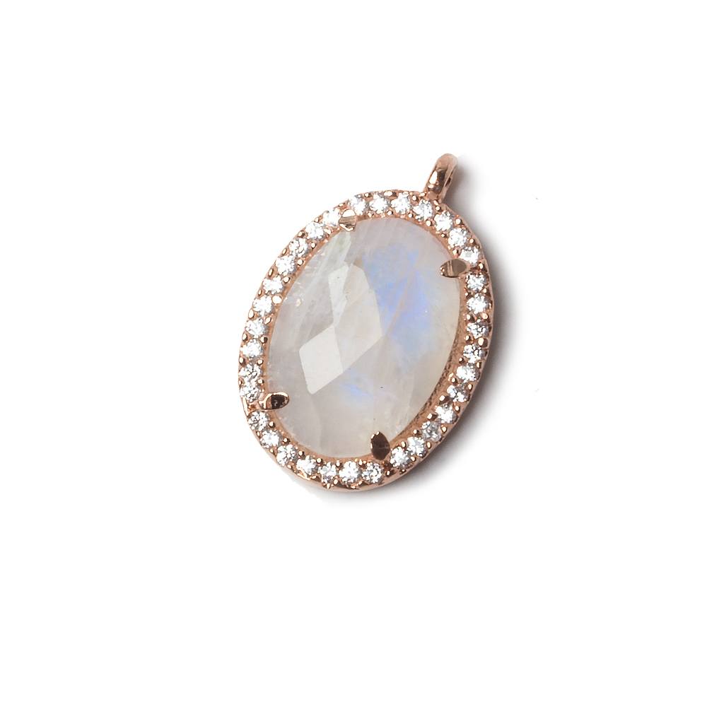 17x14mm Rose Gold Bezel White CZ & Rainbow Moonstone Oval Pendant 1 piece - Beadsofcambay.com