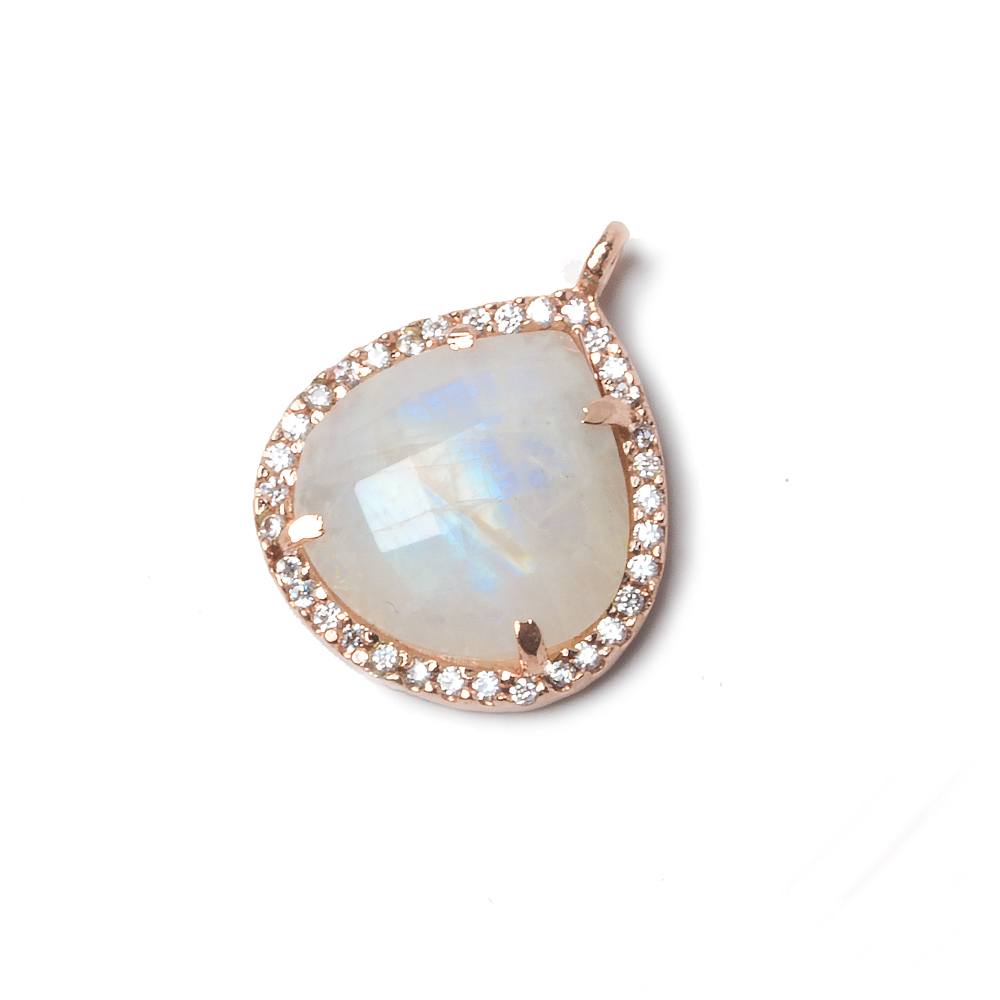 17x17mm Rose Gold Bezeled CZ & Rainbow Moonstone Heart Pendant 1 piece - Beadsofcambay.com