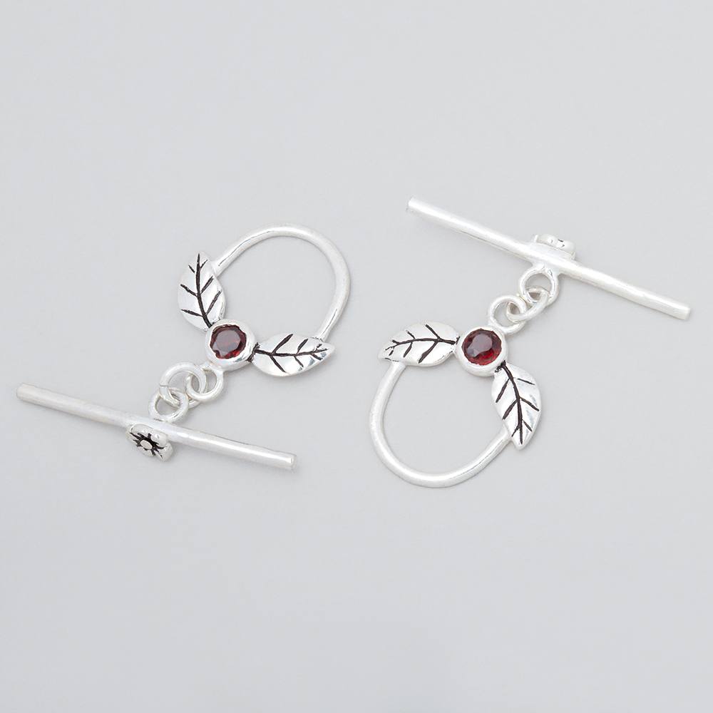 17x18mm Antiqued Sterling Silver Toggle with Leaves and Garnet 1 piece - Beadsofcambay.com