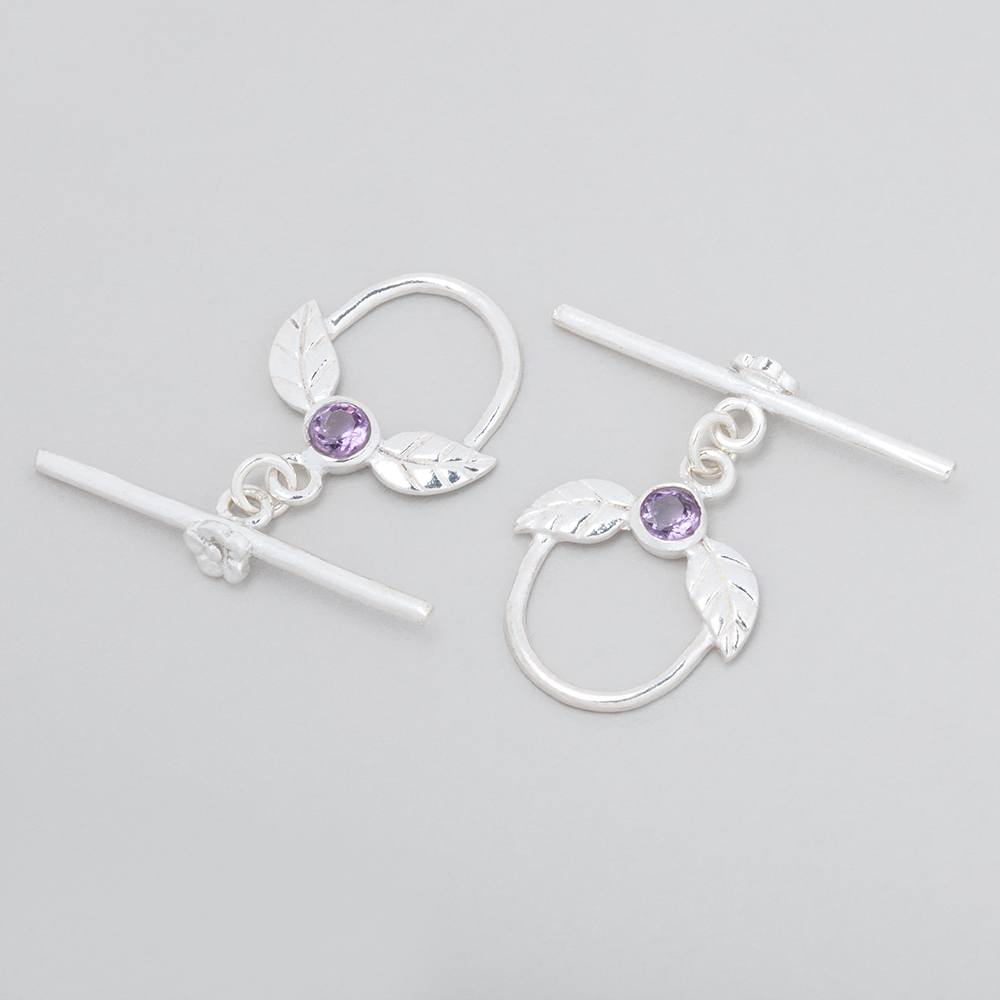 17x18mm Sterling Silver Toggle with Leaves and Amethyst 1 piece - Beadsofcambay.com