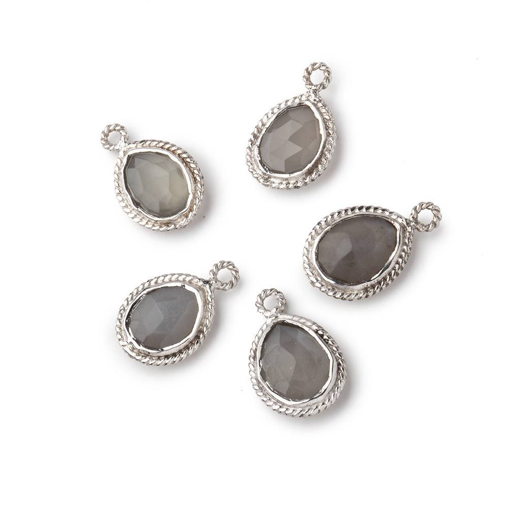 BeadsofCambay 12x8mm Silver Rope Bezel Grey Moonstone Pear Pendant 1 piece