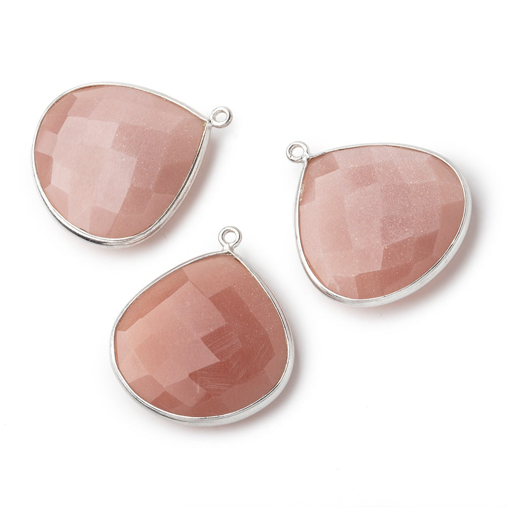 26x26mm Silver .925 Angel Skin Peach Moonstone faceted heart Pendant 1 piece - BeadsofCambay.com