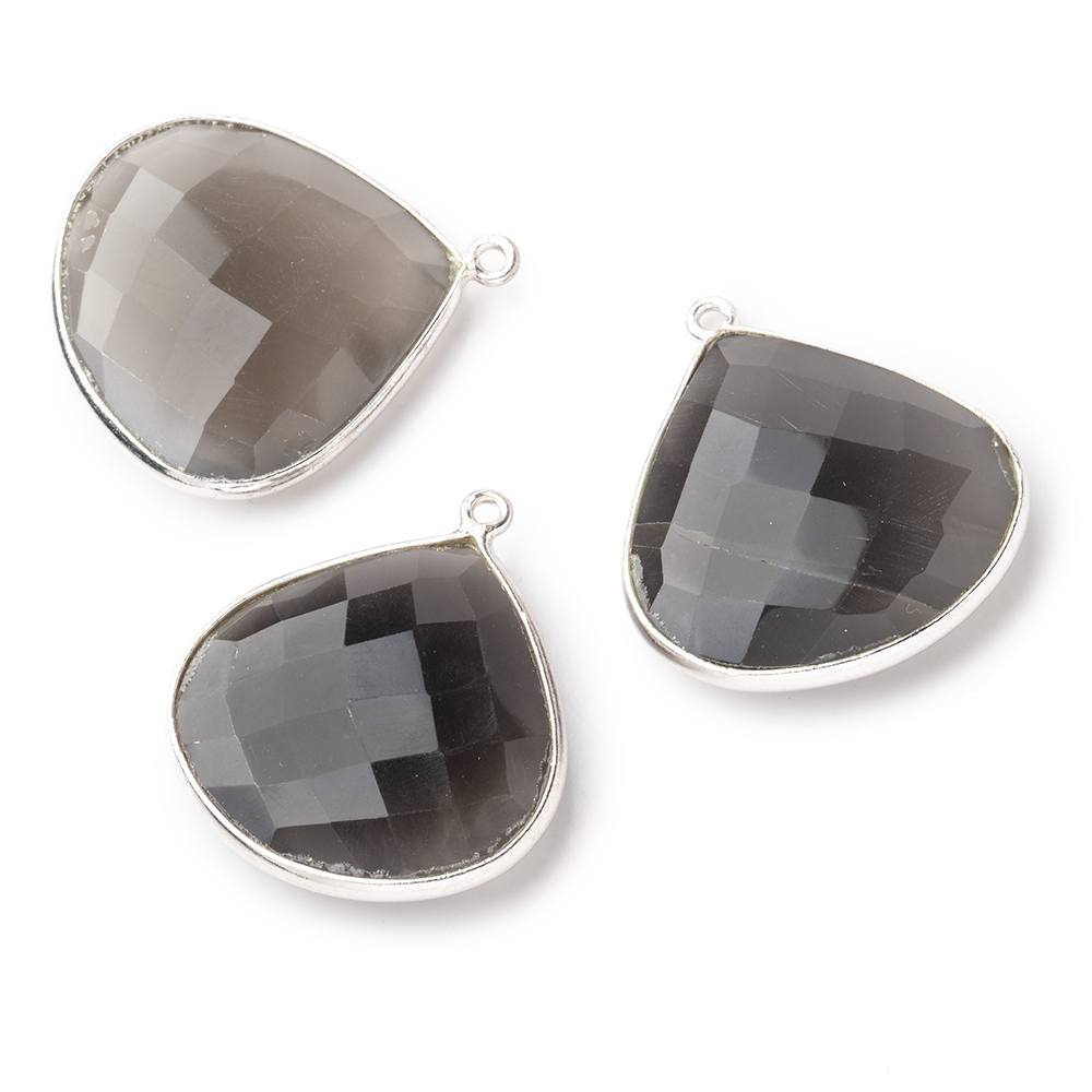 26x26mm Silver .925 Platinum Dark Grey Moonstone faceted heart Pendant 1 piece - BeadsofCambay.com