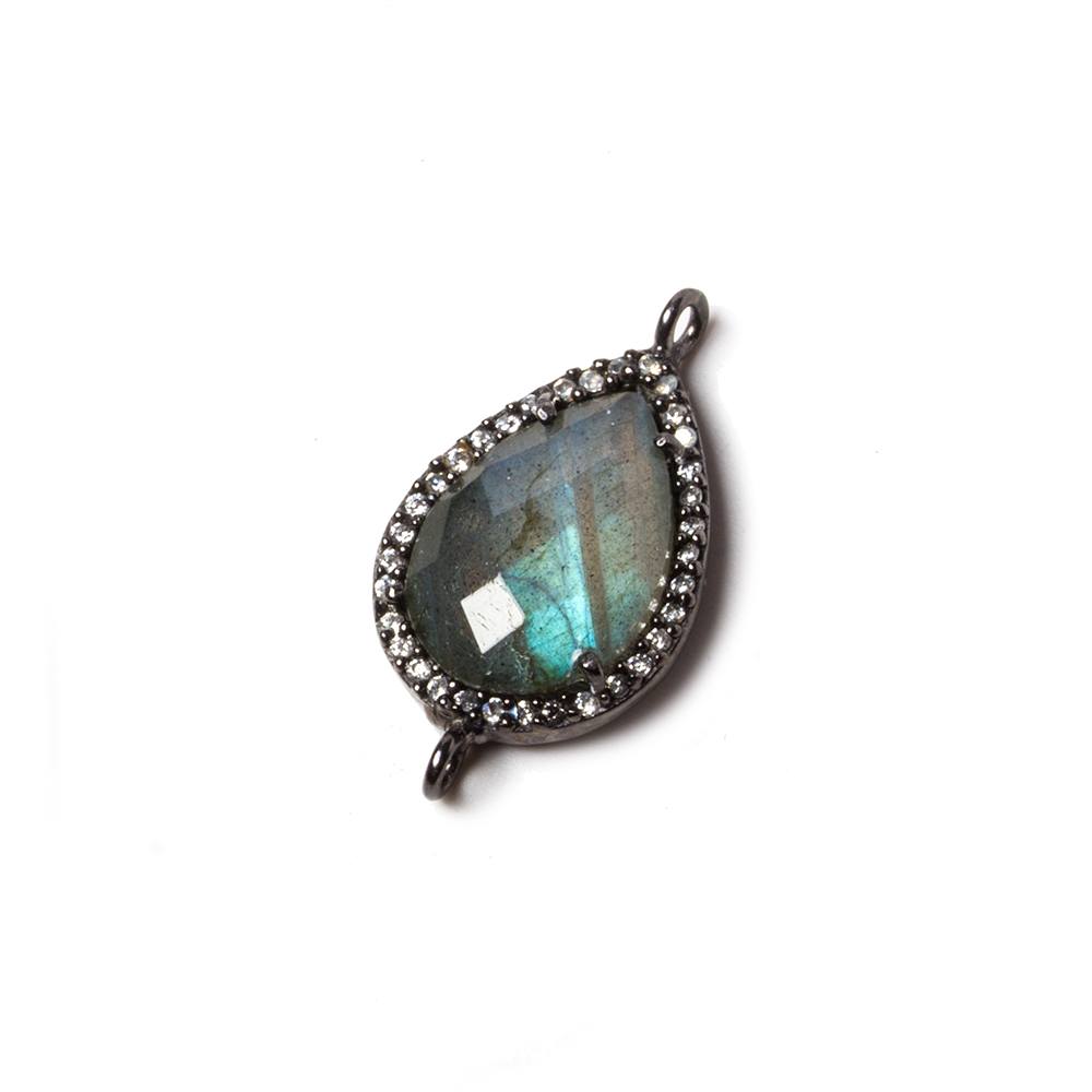 18x13mm Black Gold Bezeled CZ & Labradorite Pear East West Connector 1 pc - Beadsofcambay.com