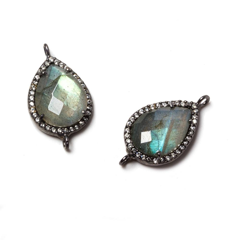 18x13mm Black Gold Bezeled CZ & Labradorite Pear East West Connector 1 pc - Beadsofcambay.com