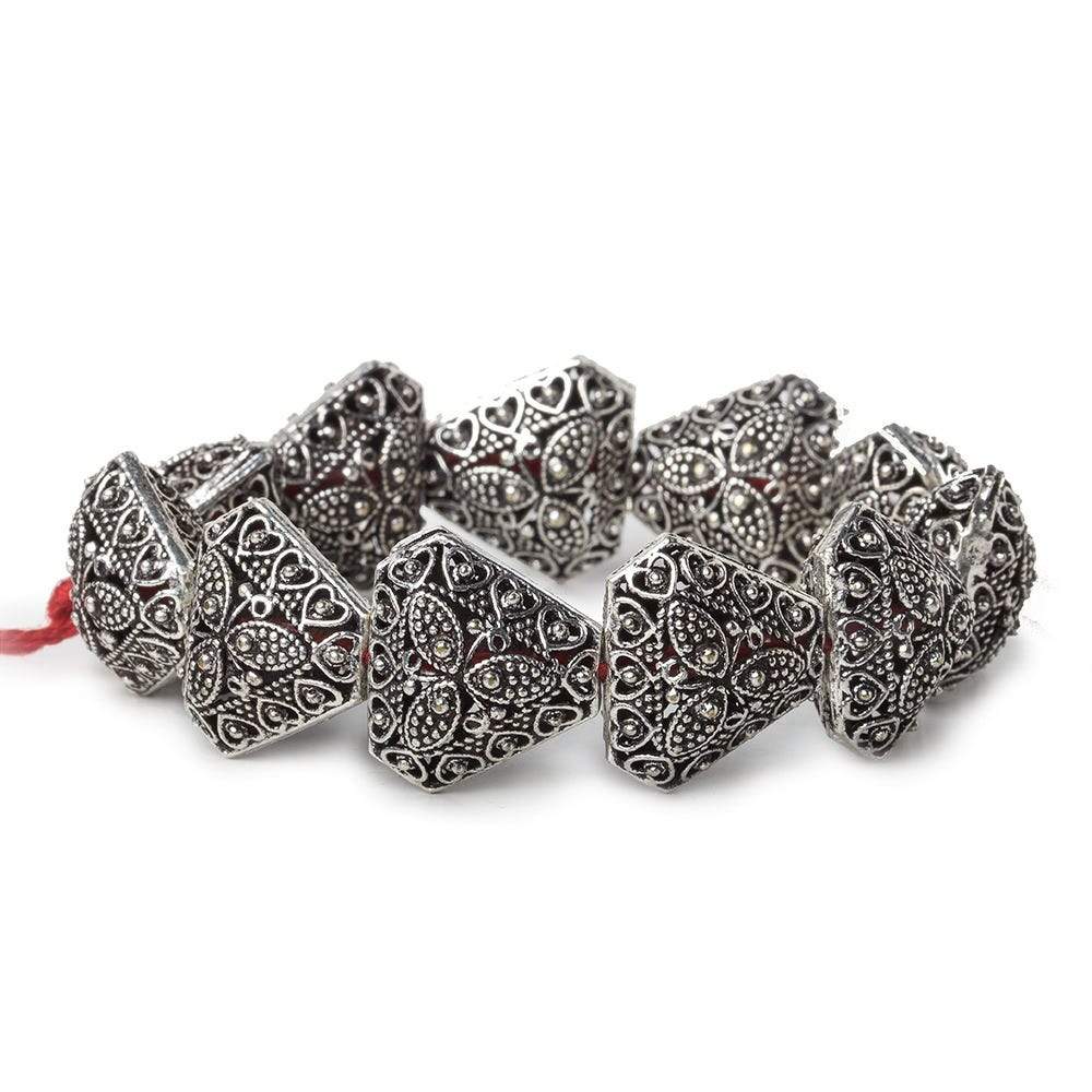 18x18x18mm Antiqued Sterling Silver Plated Copper Filigree and Miligrain Triangle 8 inch 11 pcs - Beadsofcambay.com