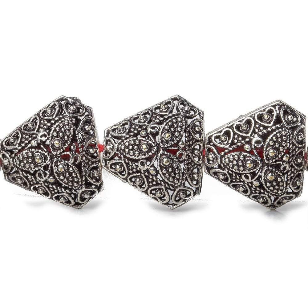 18x18x18mm Antiqued Sterling Silver Plated Copper Filigree and Miligrain Triangle 8 inch 11 pcs - Beadsofcambay.com