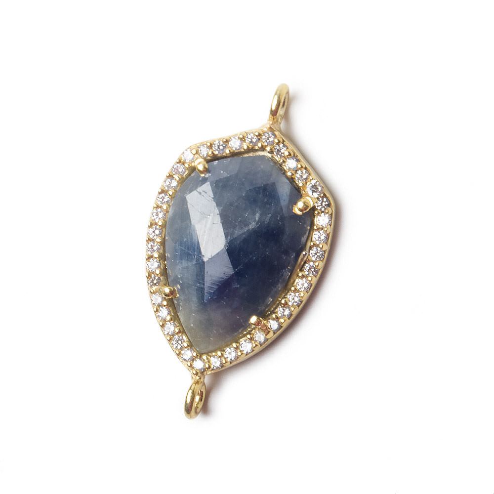 19.5x15mm Gold Bezel White CZ and Blue Sapphire Shield Connector 1 focal piece - Beadsofcambay.com