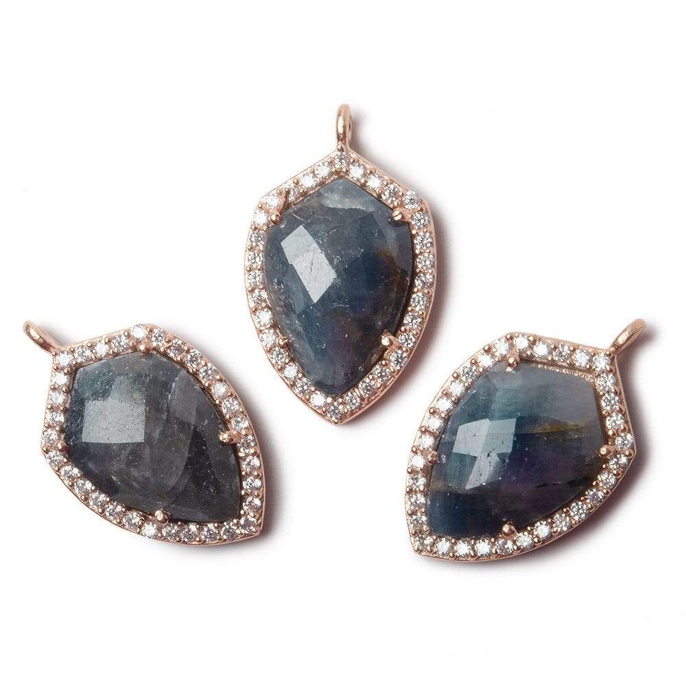 19.5x15mm Rose Gold Bezel White CZ and Blue Sapphire Shield Pendant 1 focal piece - Beadsofcambay.com