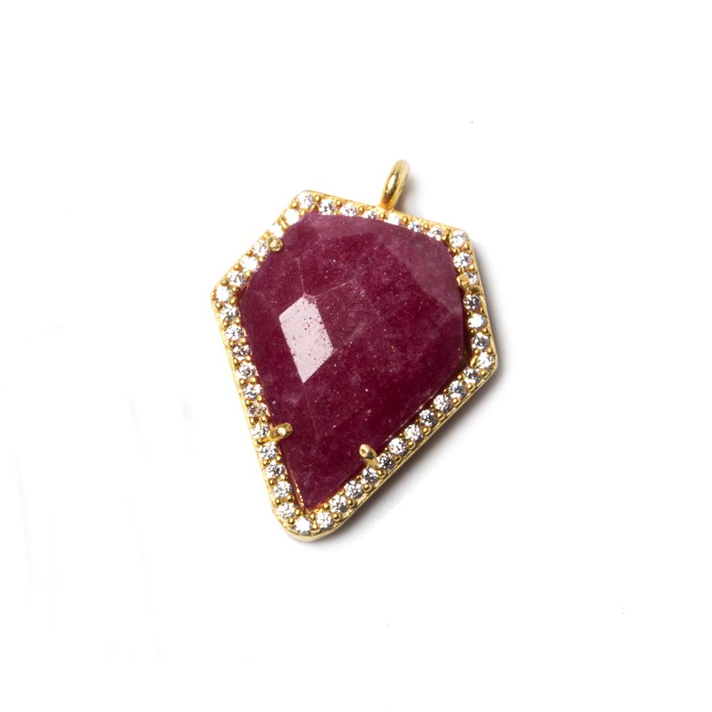 19.5x17mm Gold Bezeled White CZ & Ruby Modified Shield Pendant 1 pc - Beadsofcambay.com