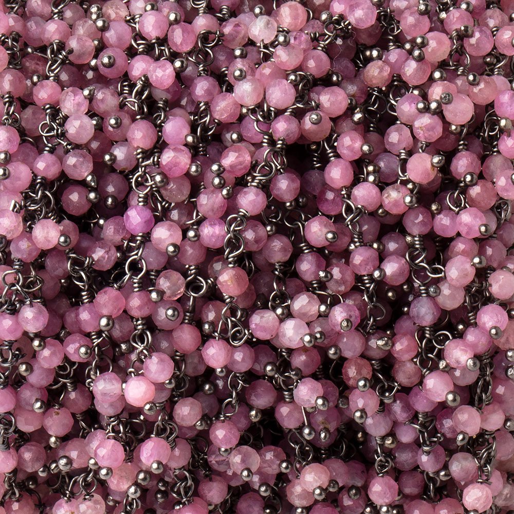 3mm Pink Tourmaline micro-faceted round Black Gold Dangling Chain by the foot - BeadsofCambay.com