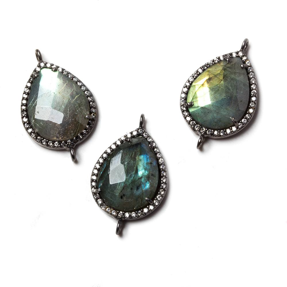 19x15mm Black Gold Bezeled CZ & Labradorite Pear East West Connector 1 pc - Beadsofcambay.com