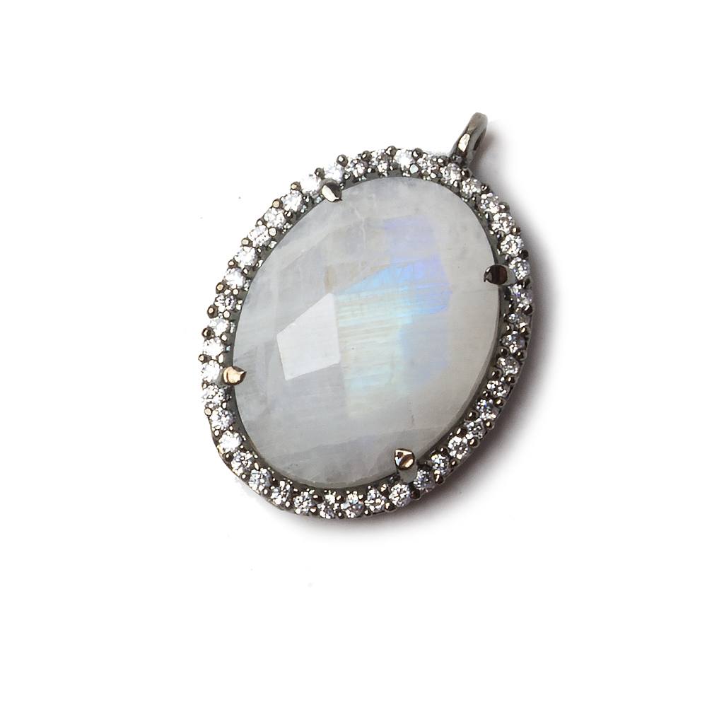 19x15mm Black Gold Bezeled CZ & Rainbow Moonstone Oval Pendant 1 pc - Beadsofcambay.com